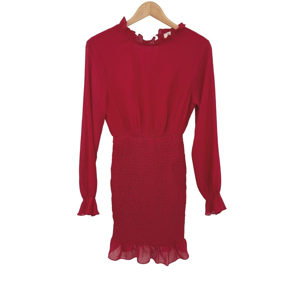 She Sky Red Smocked Ruffle Neck‎ Long Sleeve Mini Dress Size Medium